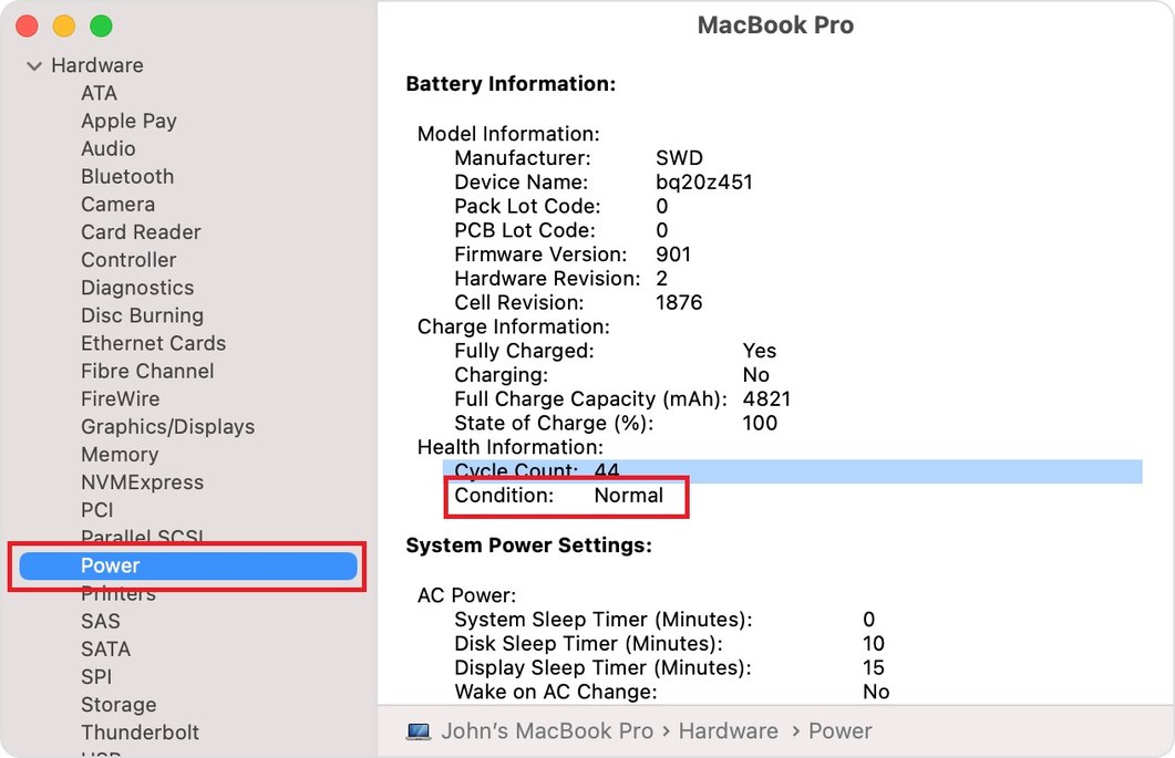 Состояние батареи в MacBook 
