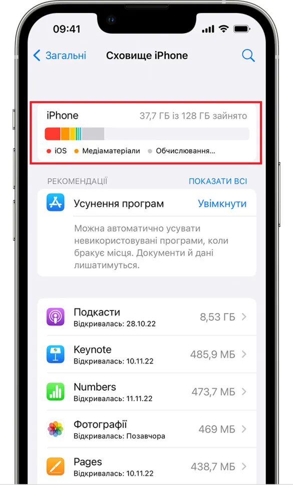 Стан сховища на айфоні
